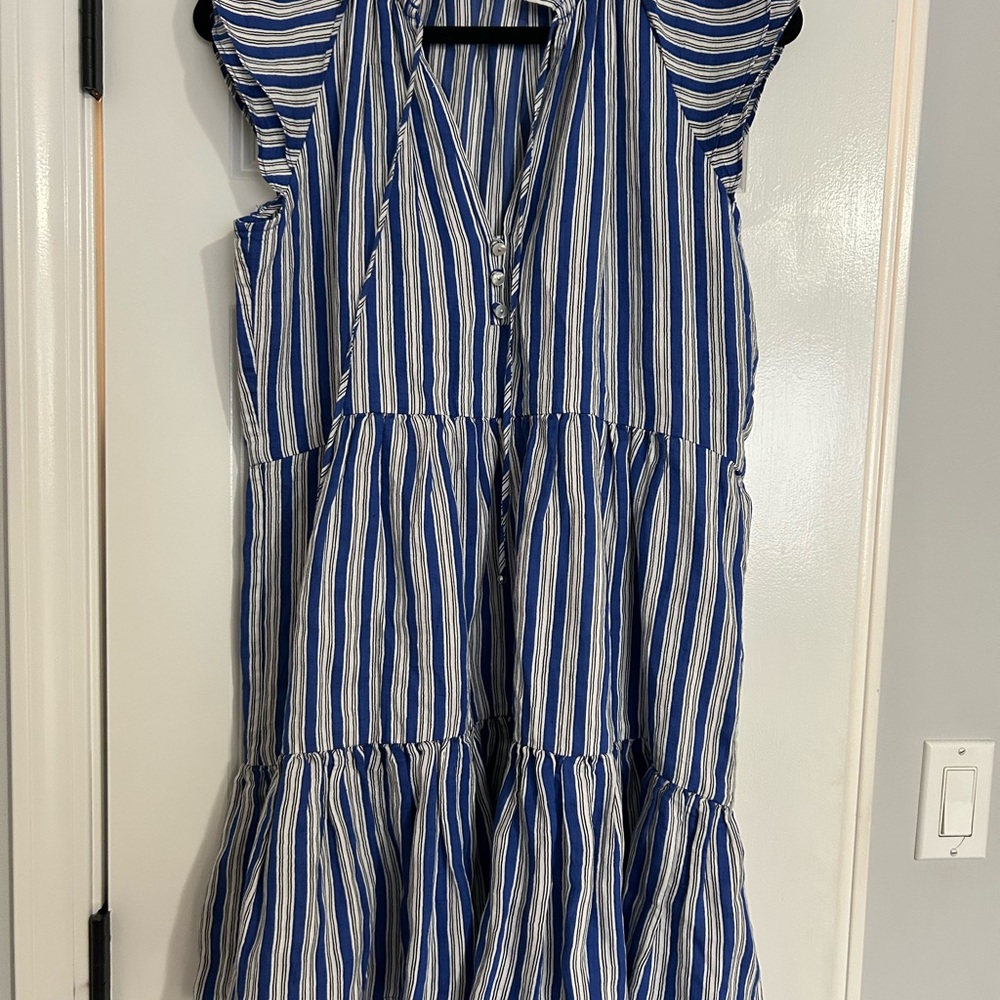 Veronica Beard Blue and White Flutter Sleeve Midi Dress